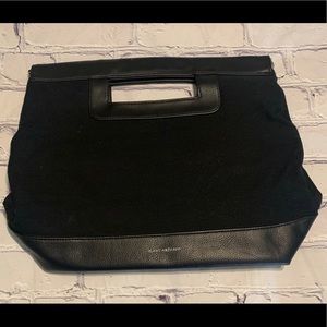 ISAAC MIZRAHI Fabric & Faux Black Leather Handbag